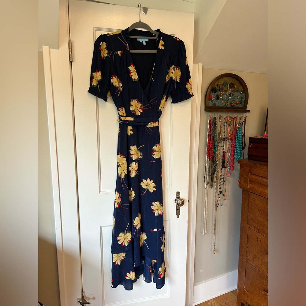 Draper James blue floral wrap dress.